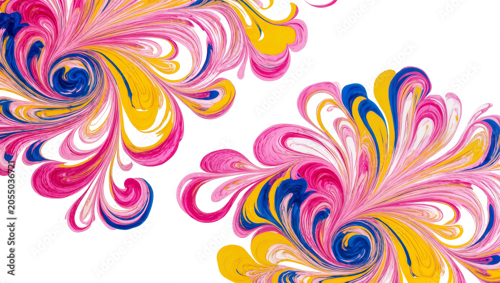 Fototapeta premium Isolated abstract fluid art, vibrant pink yellow blue swirling paint patterns, decorative dynamic texture