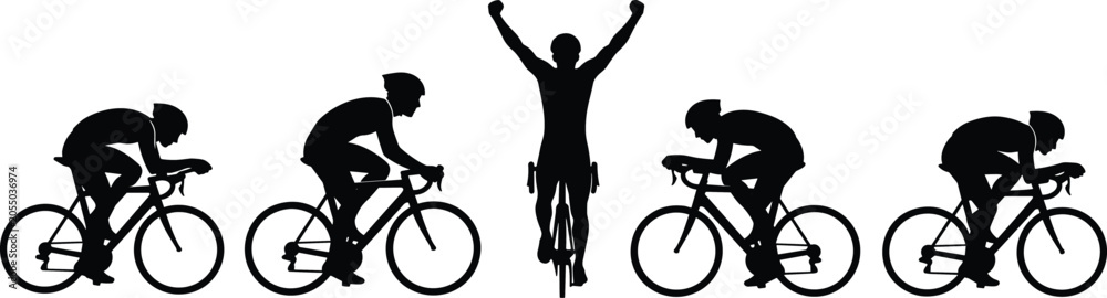 Fototapeta premium Vector illustration set of five cyclist silhouettes on racing bicycles with winner victory pose for sports, competition, and design projects