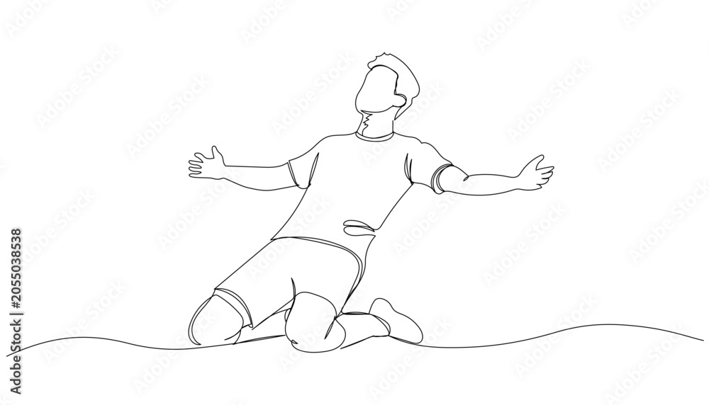 Fototapeta premium Continuous one line drawing of a young soccer player sliding on the field with arms spread in celebration after scoring a goal. Minimalist vector illustration concept.