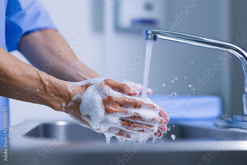 A medical worker scrubs washes his hands thoroughly over a sink. Thick white soap suds cover the palms, highlighting essential hygiene and sterile preparation in a clinical environment
