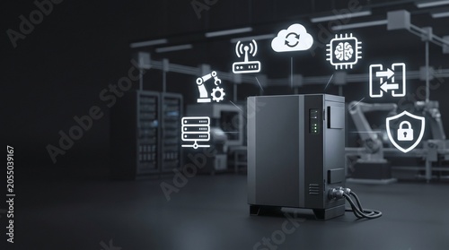 Edge Computing Server in Smart Factory with Industrial Automation Icons