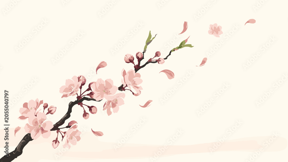Fototapeta premium Minimalist sakura branch on a warm ivory field – Suitable for elegant textile patterns, mindfulness app backgrounds, or Asian culture blogs.
