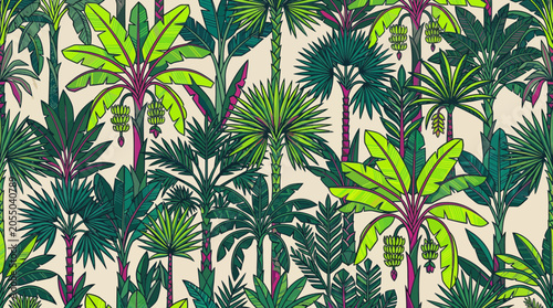 Tropical Jungle Pattern: Vibrant Palm Trees and Lush Foliage