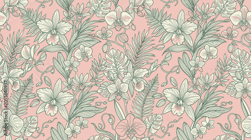 Elegant Tropical Floral Pattern with Orchids and Leaves on Pink Background