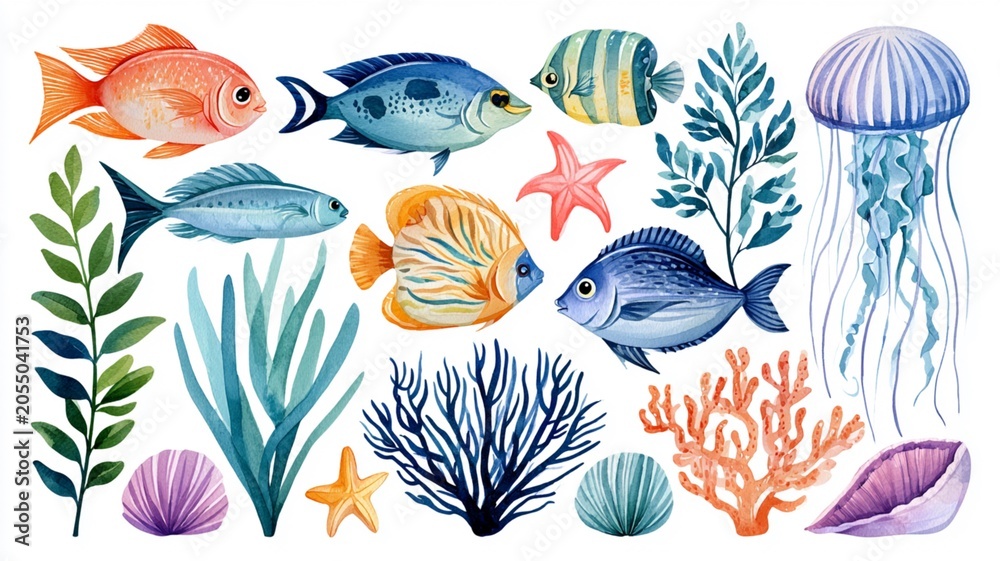 Fototapeta premium Watercolor Ocean Creatures Harmony on White Background 