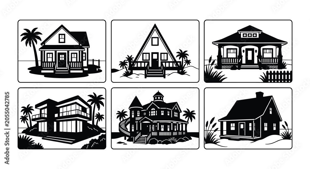 Naklejka premium Tropical House Silhouettes With Palm Trees Black Vector Illustration