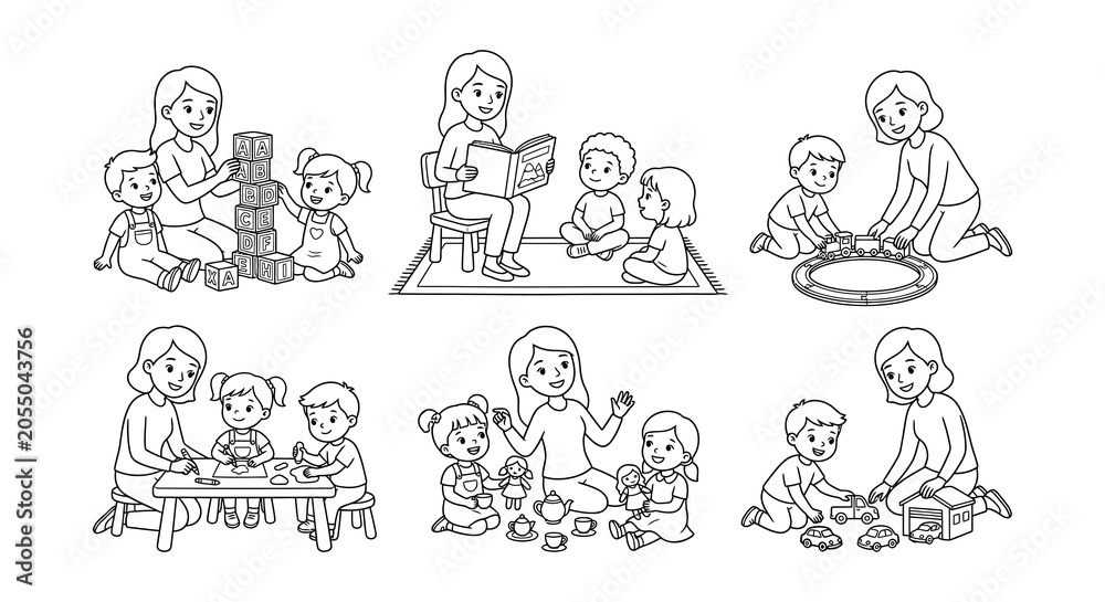 Fototapeta premium Vector Illustration Of Mothers With Children In Various Activities