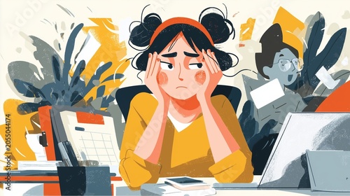 Illustration of a stressed girl student sitting at a desk with piles of books, exam preparation pressure, educational struggle