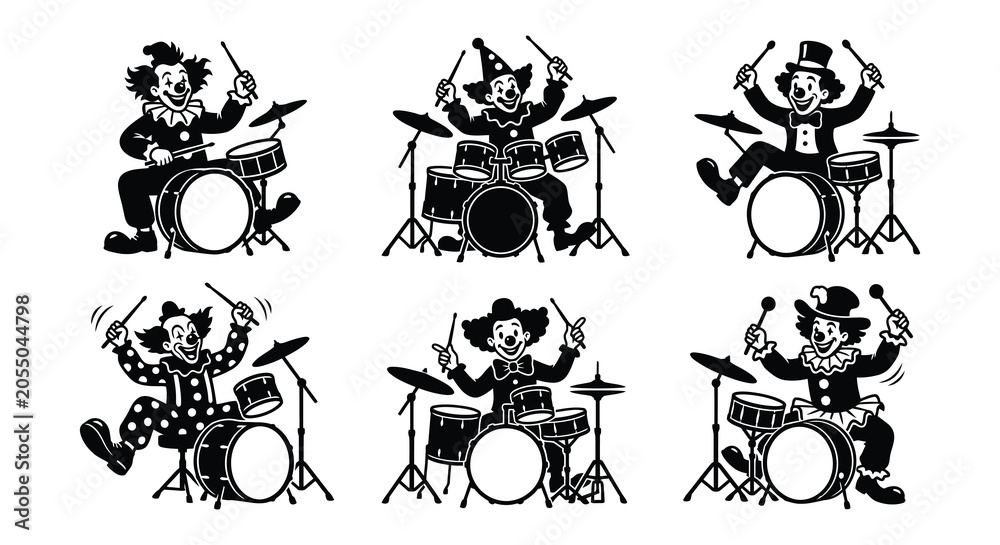 Obraz premium Clown Playing Drums Black Silhouette Vector Illustration Set