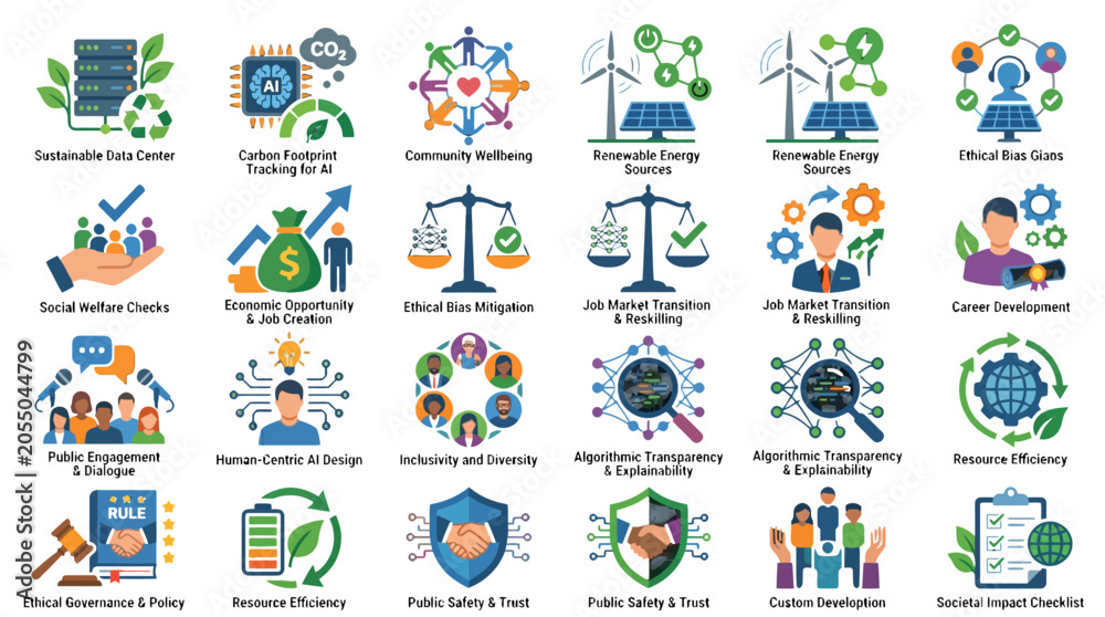 Fototapeta premium Sustainable Technology and Corporate Social Responsibility Icons Set for Digital Presentations and Web Design Infographics