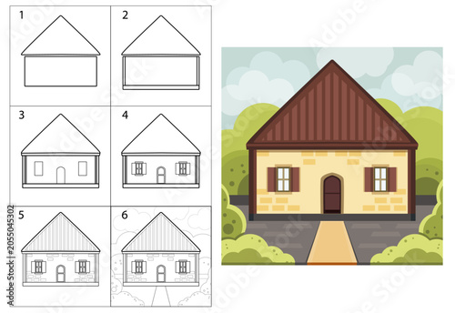 Step-by-step vector instructions on how to draw a house. A simple tutorial for children, a drawing lesson. Steps for creating an illustration.
