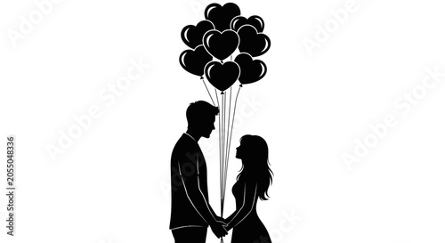 Foto Loving couple silhouette holding hands with heart balloons
