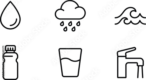 Vector icons of water drop, rain cloud, ocean wave, bottle, glass, and faucet