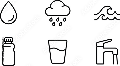 Vector icons of water drop, rain cloud, wave, bottle, glass, and faucet