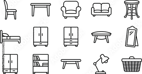 Vector icons of various furniture and household items