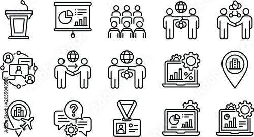 A set of business and communication icons in a line style