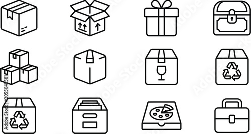 Collection of various package and box icons in line art style