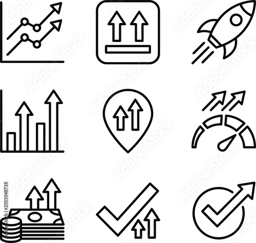Black line icons depicting various business growth and success concepts