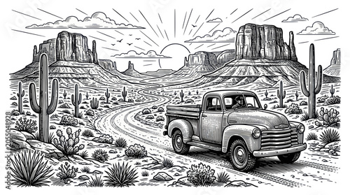 Foto Vintage pickup truck driving on a winding desert road by mesas