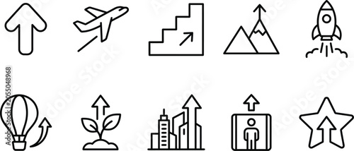 Black line icons of various objects with upward arrows