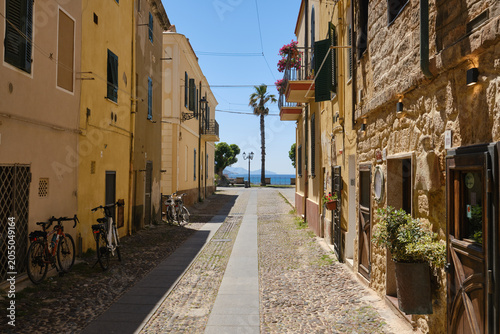 A cobbled street in the centre of Alghero, Sardinia, Italy