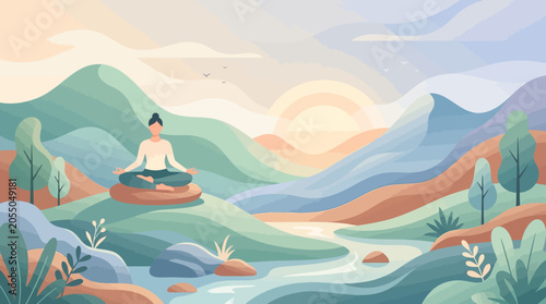 Flat vector zen meditation background, organic shapes, soft gradients, calming modern aesthetic

