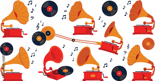 Vintage gramophone vector illustration collection featuring retro phonograph record players vinyl discs and flying musical notes isolated on white background