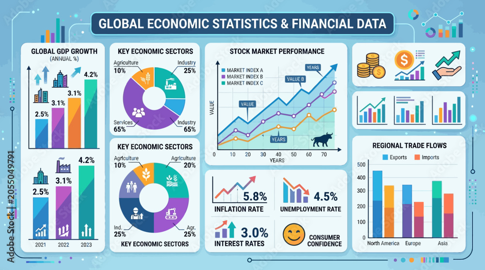 Obraz premium Flat vector economic statistics infographic, bar charts, pie charts, line graphs and financial data icons arranged in balanced composition, clean modern style