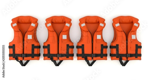 Four orange life vests arranged in a row on white background
