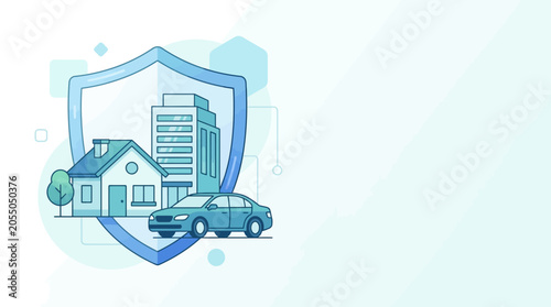 Flat vector insurance protection illustration, modern 2D design, large transparent shield icon surrounding a house, office building and family car, security and protection concept, clean corporate sty