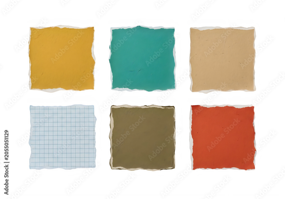 Fototapeta premium Torn paper squares in different colors and textures for design and decoration purposes transparent background