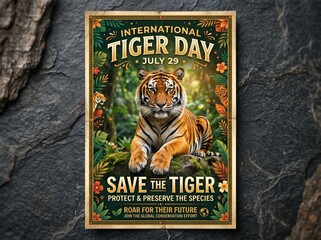 A majestic tiger on a festive themed poster for International Tiger Day, emphasizing the protection and conservation of the species, high-quality, sharp, and detailed photo.