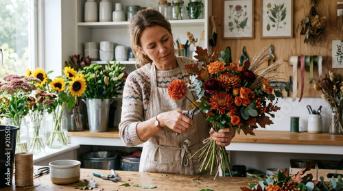 Florist arranging autumn flower bouquet