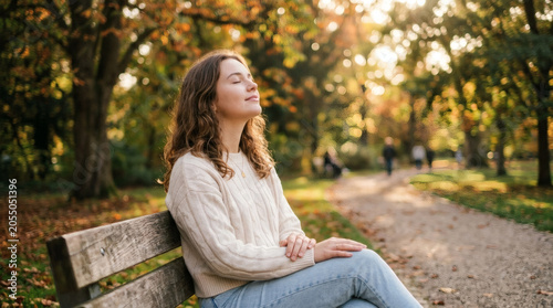 Young woman taking deep breath in autumn park