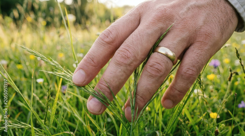 Hand touching grass in meadow