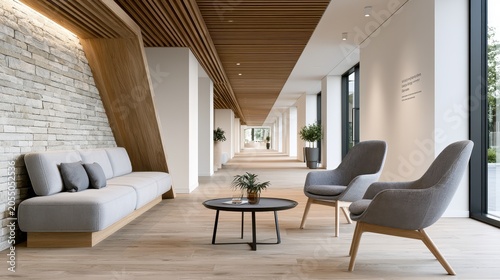 The corridor of a rehabilitation clinic showcases minimal design with plants and artwork, creating a bright and inviting space