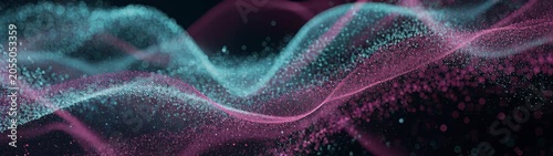 Digital particles forming flowing wave patterns presenting a futuristic data visualization concept for technology and science communication.