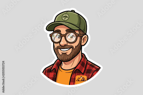 Sticker illustration of a smiling bearded man wearing glasses