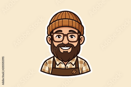 Cartoon sticker of a smiling barista man wearing a beanie and apron