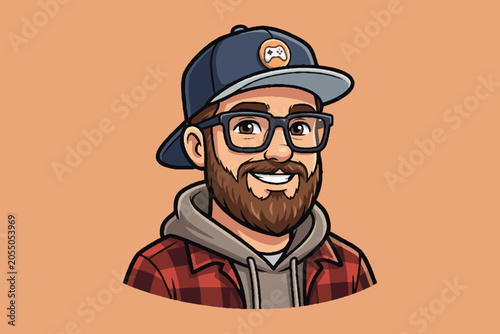 Cartoon avatar of a smiling bearded man in a cap and plaid shirt
