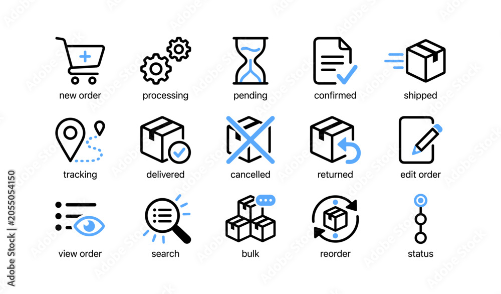 Fototapeta premium Ecommerce order icons illustrating order lifecycle on white background
