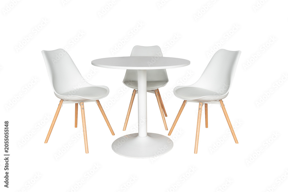 Fototapeta premium white round table and three chairs isolated on transparent background
