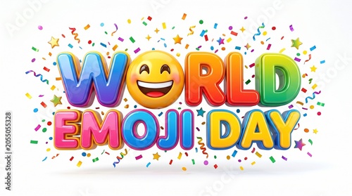 World Emoji Day Celebration Text with Colorful Confetti and Smiling Face