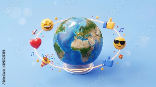 Global social media concept with earth globe and orbiting colorful emojis