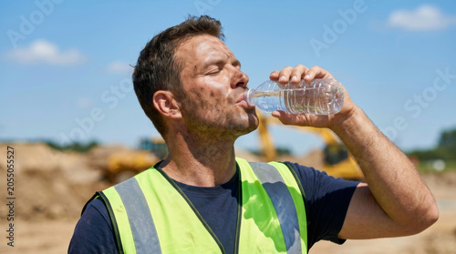 Exhausted construction worker under heat drinks water during break at dusty outdoor job site for safety hydration relief. labor fatigue stress. effort thirst sweating  safety industry  sun hot