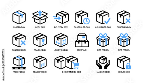 Logistics icons showing box statuses and handling on white