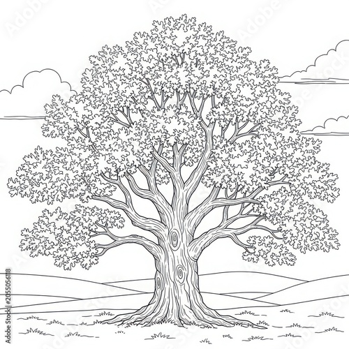 Detailed oak tree line art illustration for coloring pages and nature designs