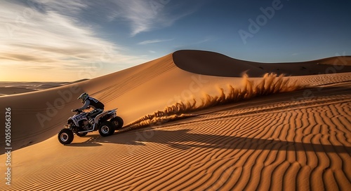 Adventure atv riding across rippled sand dunes during sunset golden hour landscape
