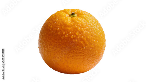 Isolated close-up of a single vibrant ripe orange citrus fruit with sparkling water droplets