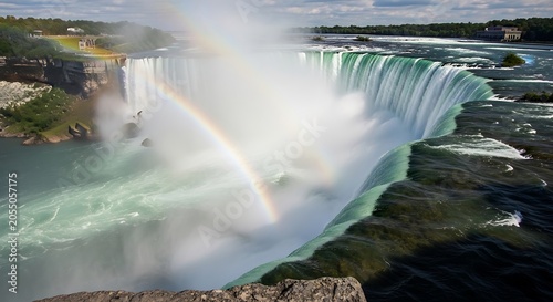 Aerial view of massive waterfall with mist and rainbow over raging turquoise river